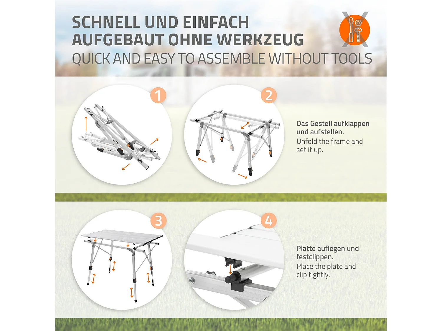 Table de camping pliante aluminium argent plateau enroulable + sac de transport