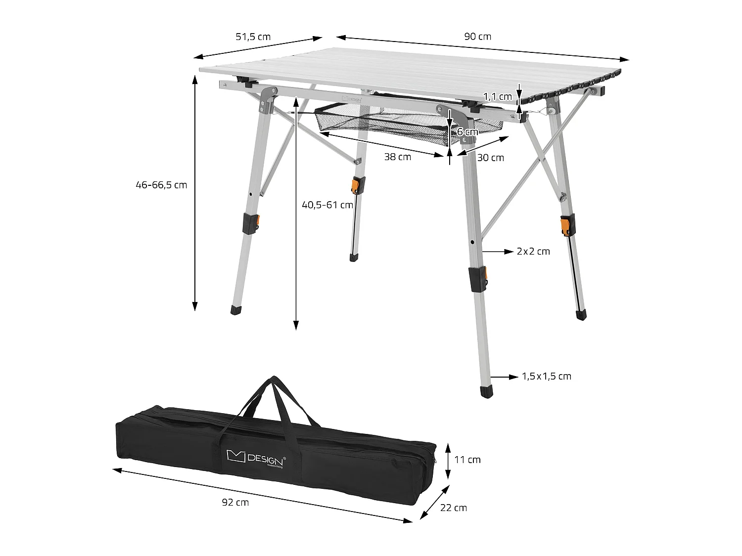 Table de camping pliante aluminium argent plateau enroulable + sac de transport