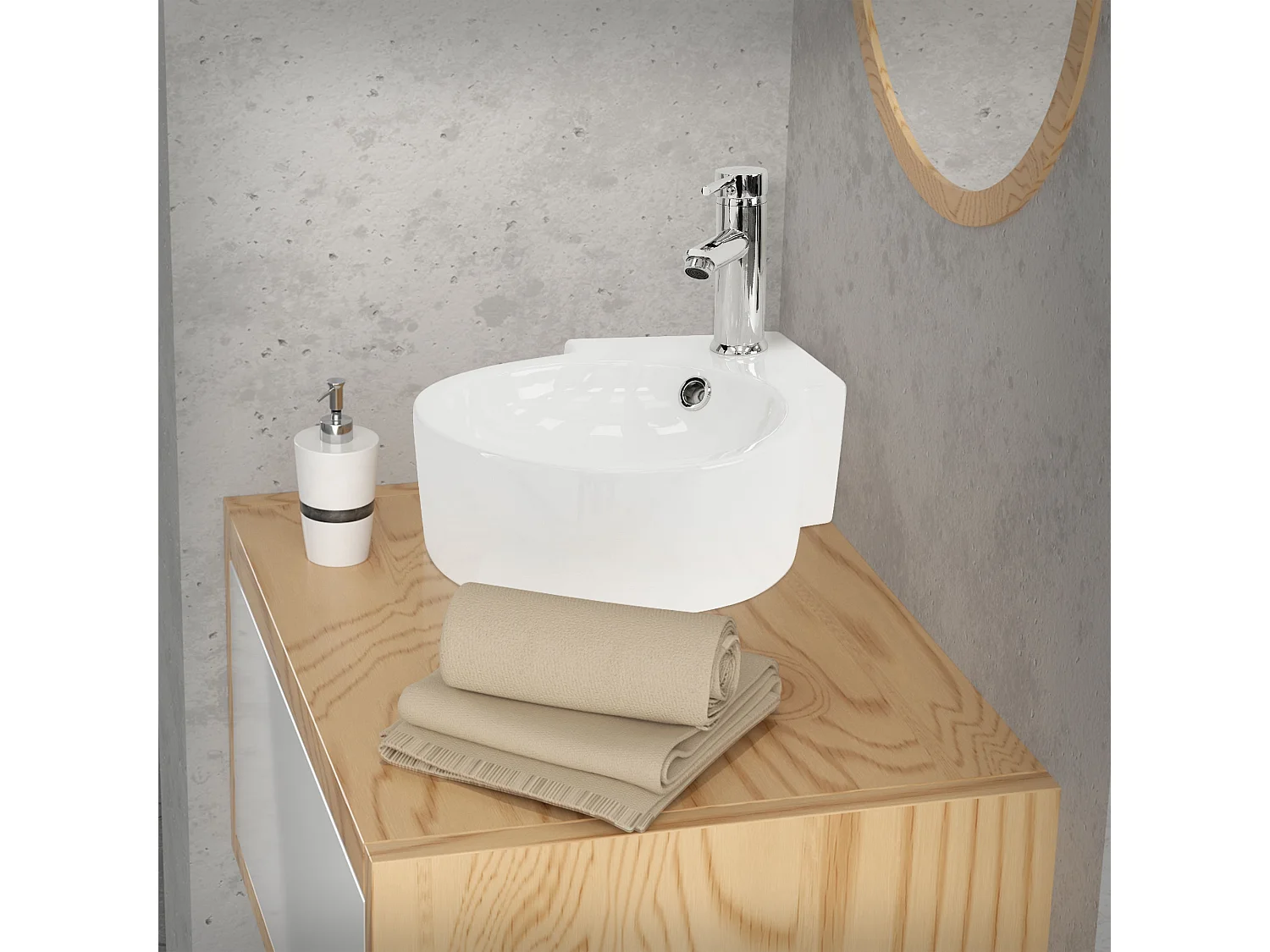 Lavabo d'angle ronde céramique blanc vasque à poser montage mural 450x360x130 mm