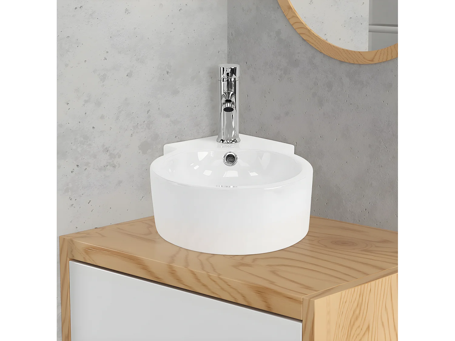 Lavabo d'angle ronde céramique blanc vasque à poser montage mural 450x360x130 mm