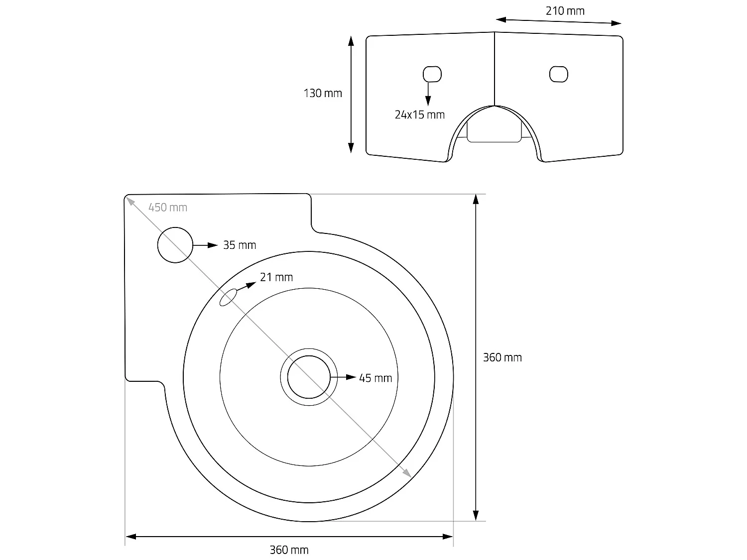 Lavabo d'angle ronde céramique blanc vasque à poser montage mural 450x360x130 mm