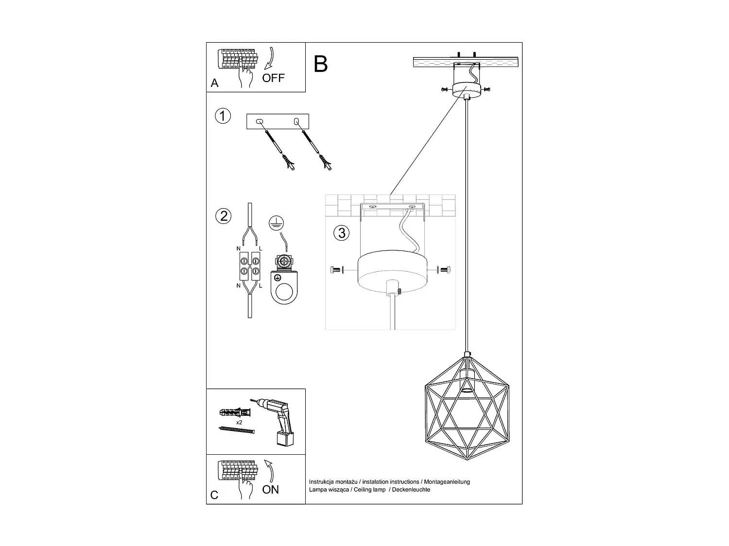 Sollux GASPARE - Lampada a sospensione a soffitto con gabbia a 1 luce nera, E27