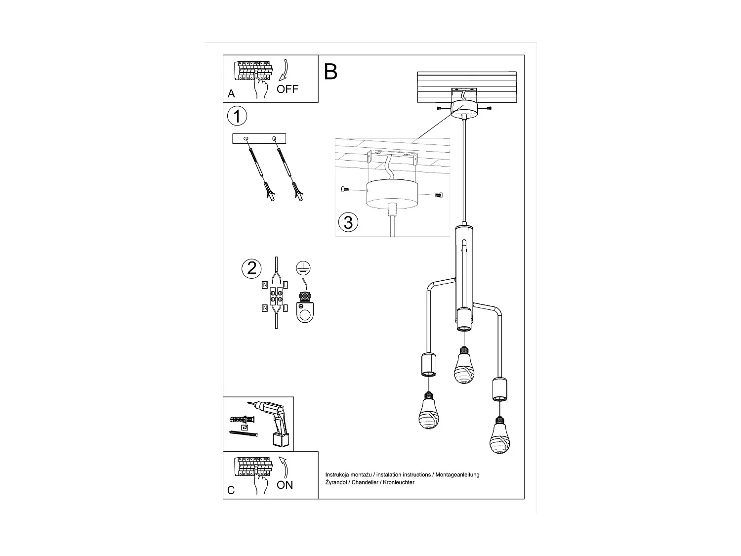 Sollux DUOMO Suspension à 3 grappes de lumière noire, E27