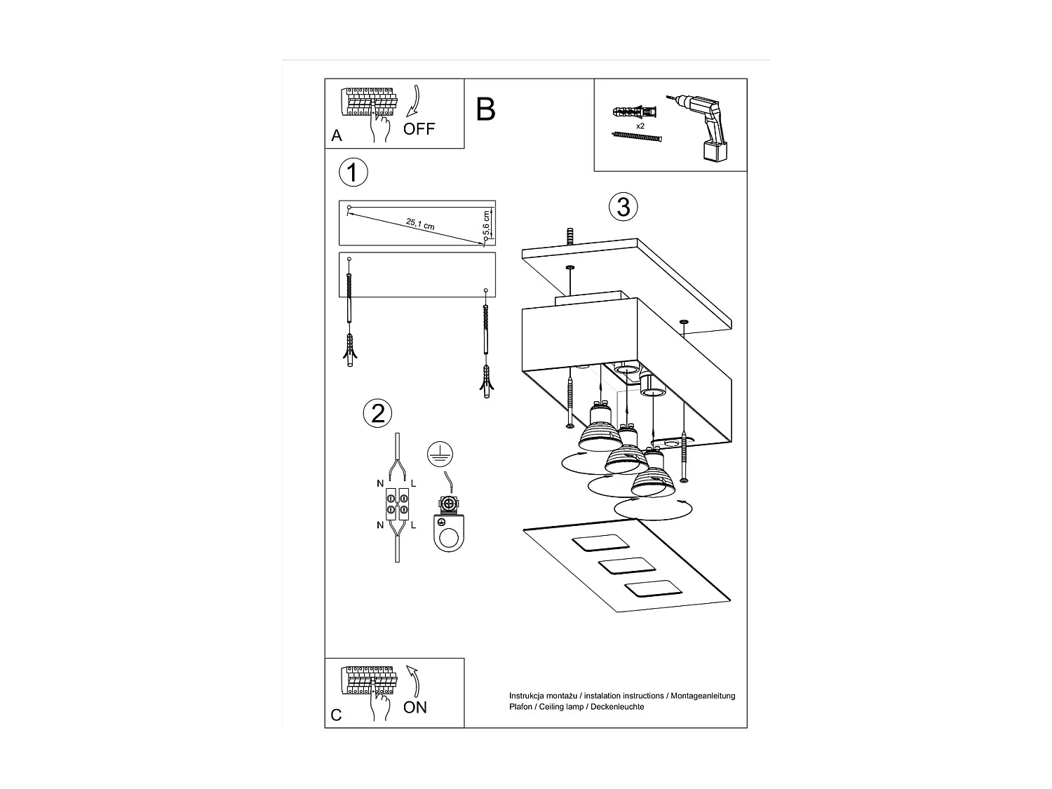 Plafonniers Mono Minimaliste En Acier - 3 Sources Lumineuses - L.34 X H.11 Cm - Blanc Noir