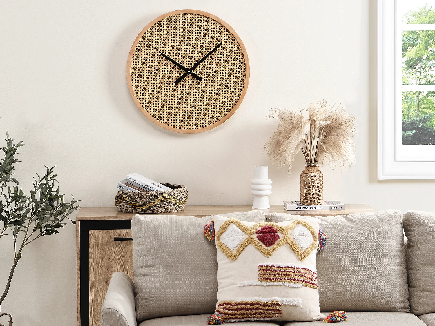 Horloge murale en cannage - D. 60 cm - MDF et bois - Naturel - FIETRA