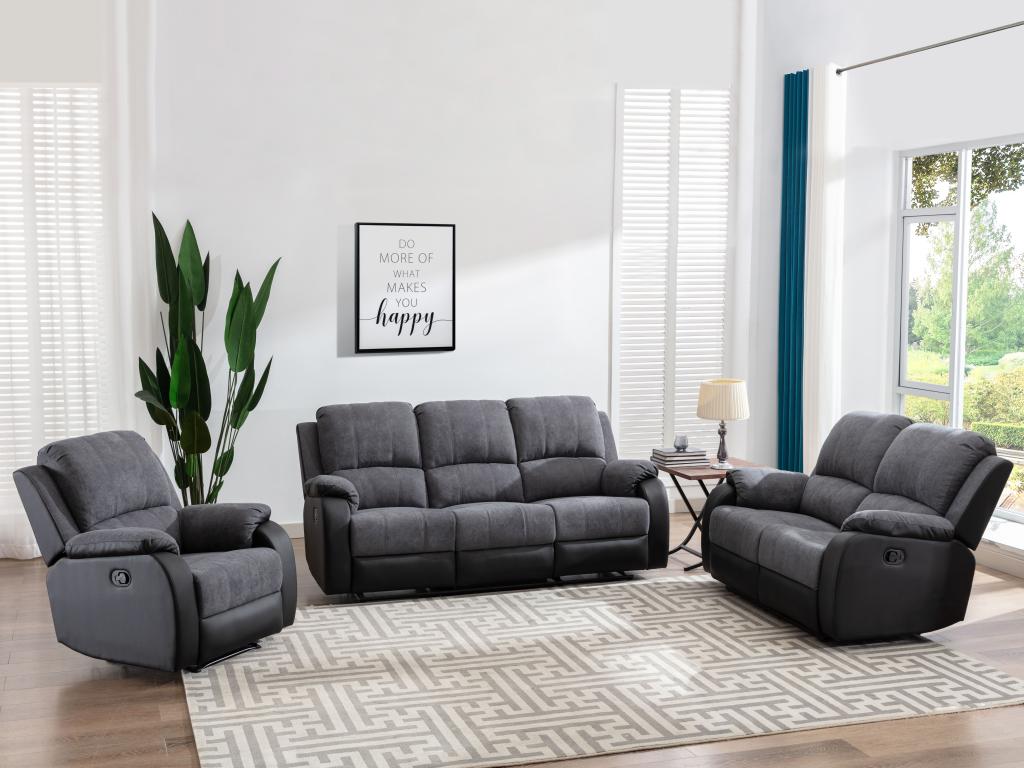 Relaxsofa 3-Sitzer - Microfaser & Kunstleder - Grau & Schwarz - BRODY günstig online kaufen