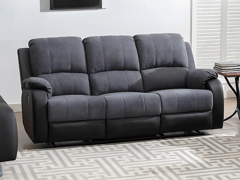 Relaxsofa 3-Sitzer - Microfaser & Kunstleder - Grau & Schwarz - BRODY