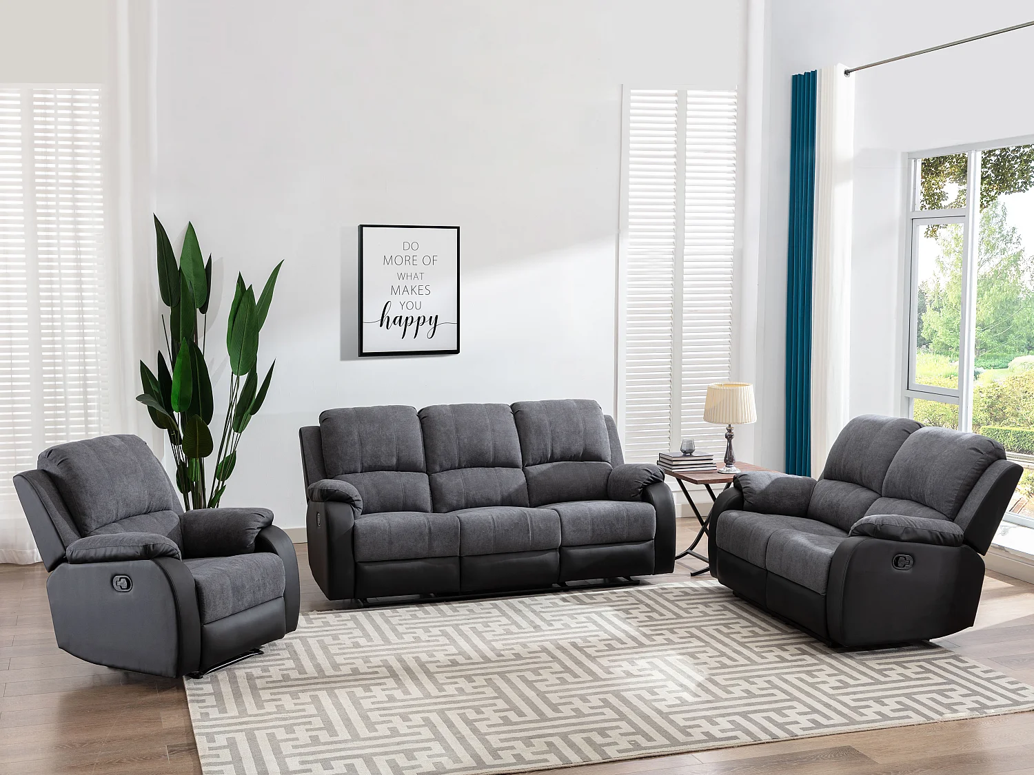 Relaxsofa 3-Sitzer - Microfaser & Kunstleder - Grau & Schwarz - BRODY