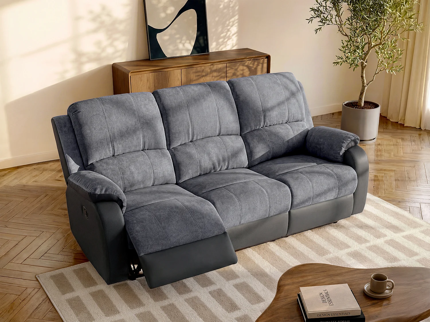 Sofá relax de 3 plazas de microfibra y piel sintética gris y negro BRODY