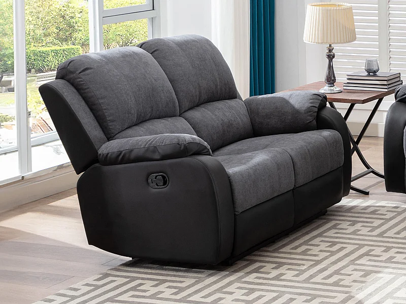 Sofá relax de 2 plazas de microfibra y piel sintética gris y negro BRODY