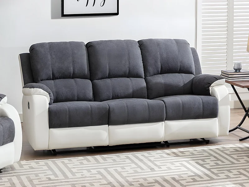 Canapé 3 places relax en microfibre et simili gris et blanc BRODY