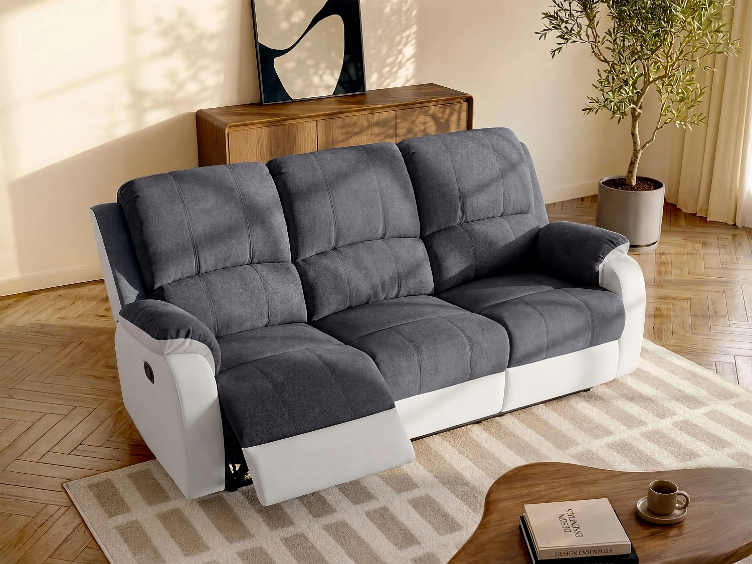 3-seters avslapningssofa i mikrofiber og kunstskinn i grått og hvitt BRODY