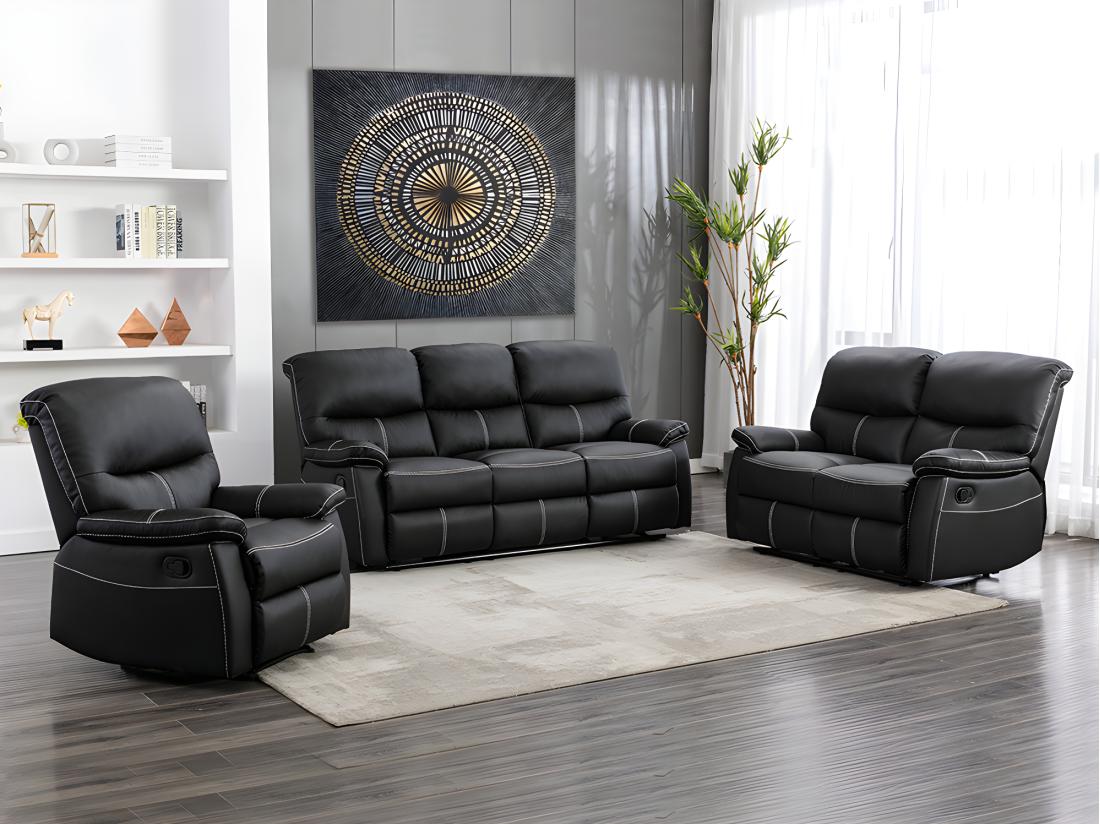 vente unique Canapés 3 places 2 places et un fauteuil relax en simili noir CANBY