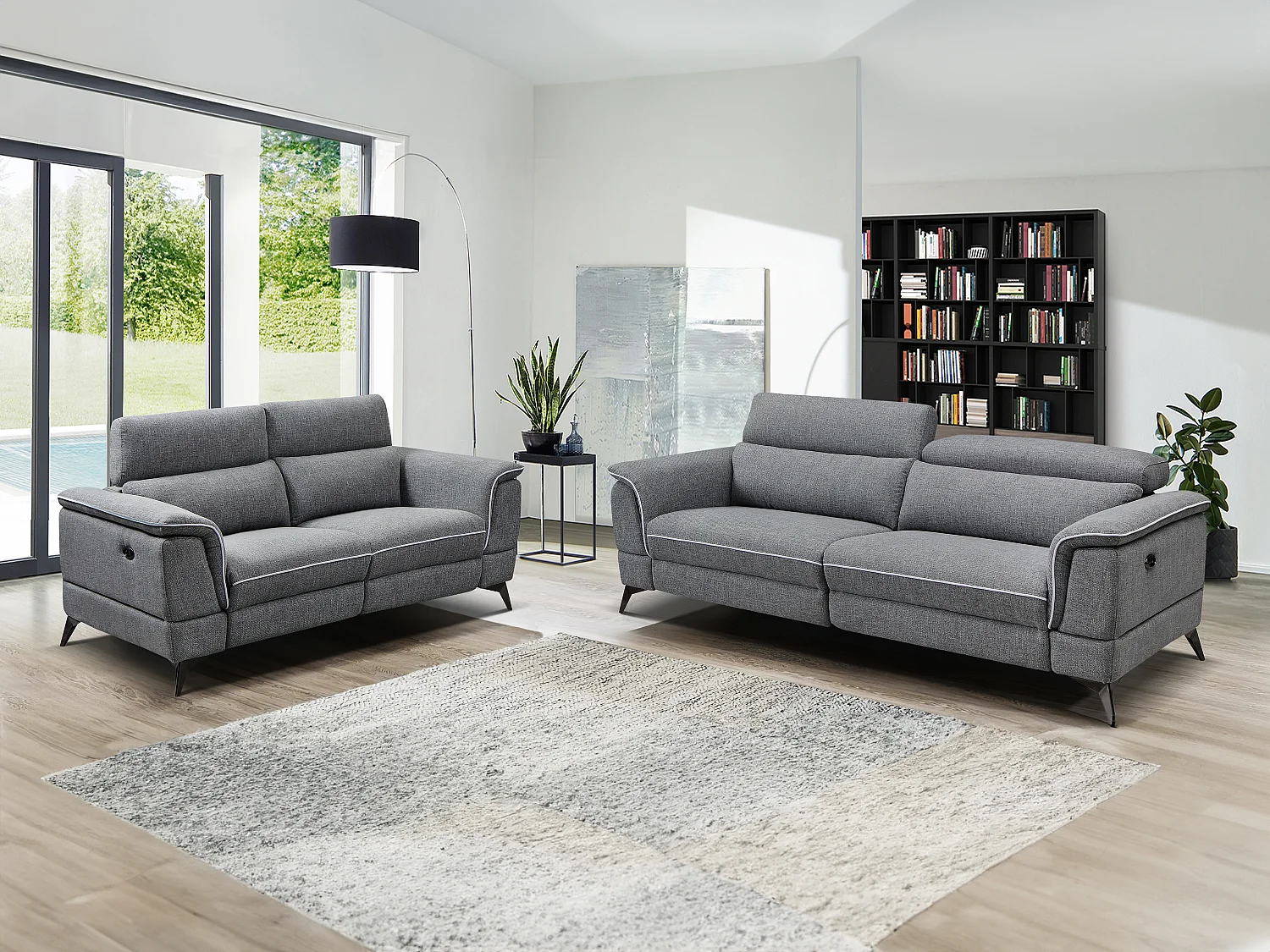 Canapés 3 places et 2 places relax électrique en tissu gris MACARI