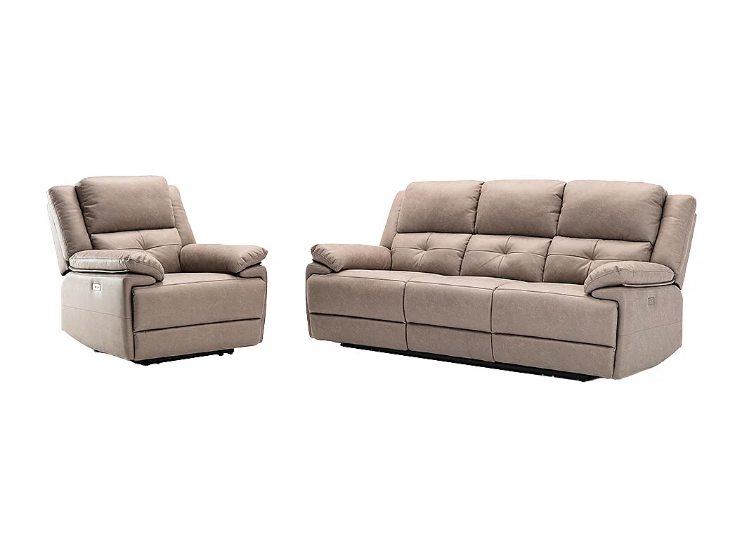Elektrische driezits relaxbank en fauteuil van stof - Taupe - DOLENE
