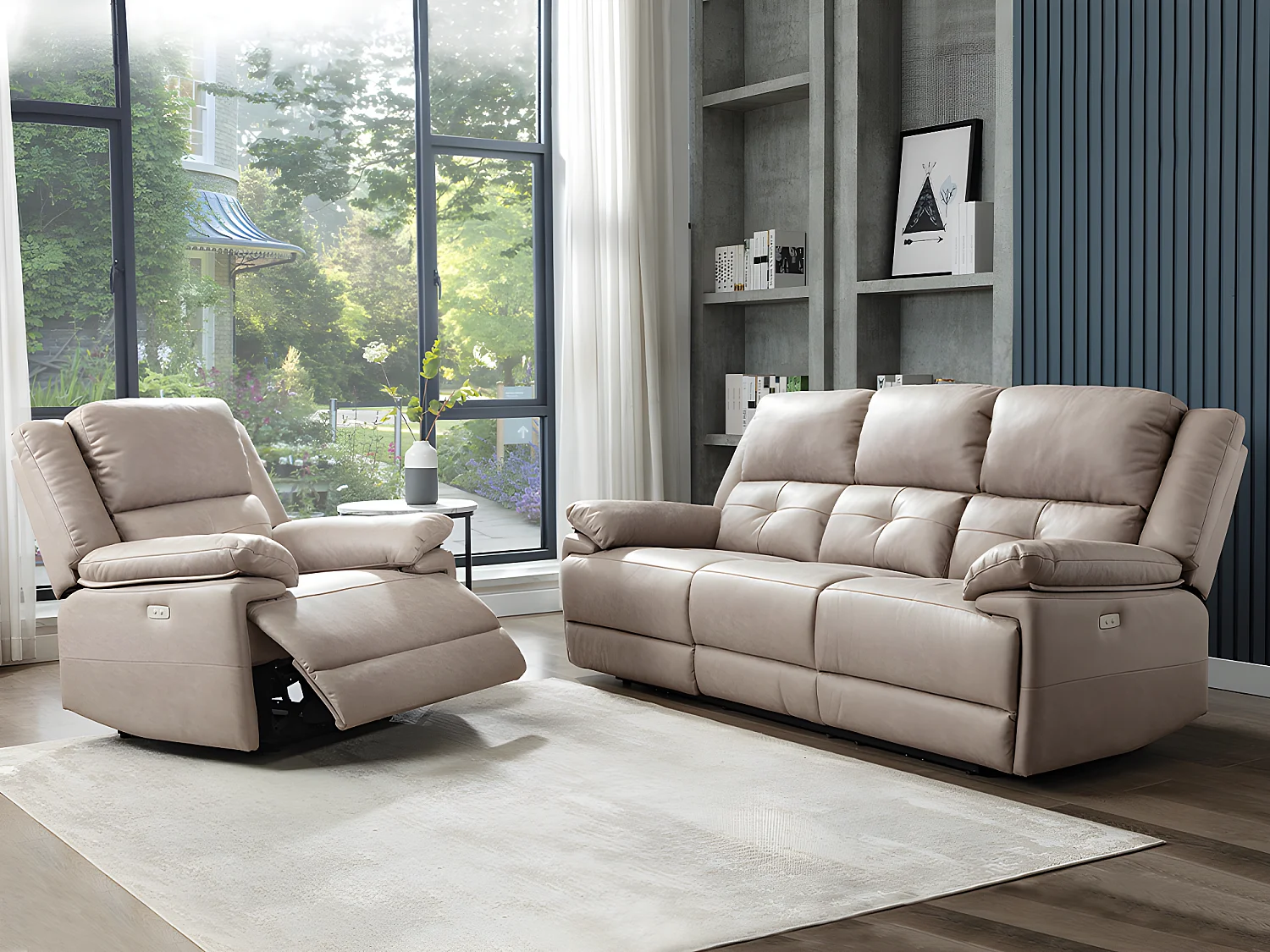 Elektrische driezits relaxbank en fauteuil van stof - Taupe - DOLENE