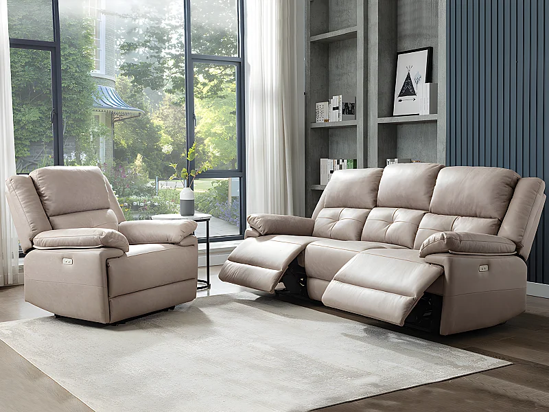 Kanapa 3-osobowa i fotel z elektryczną funkcją relax z tkaniny w kolorze taupe DOLENE