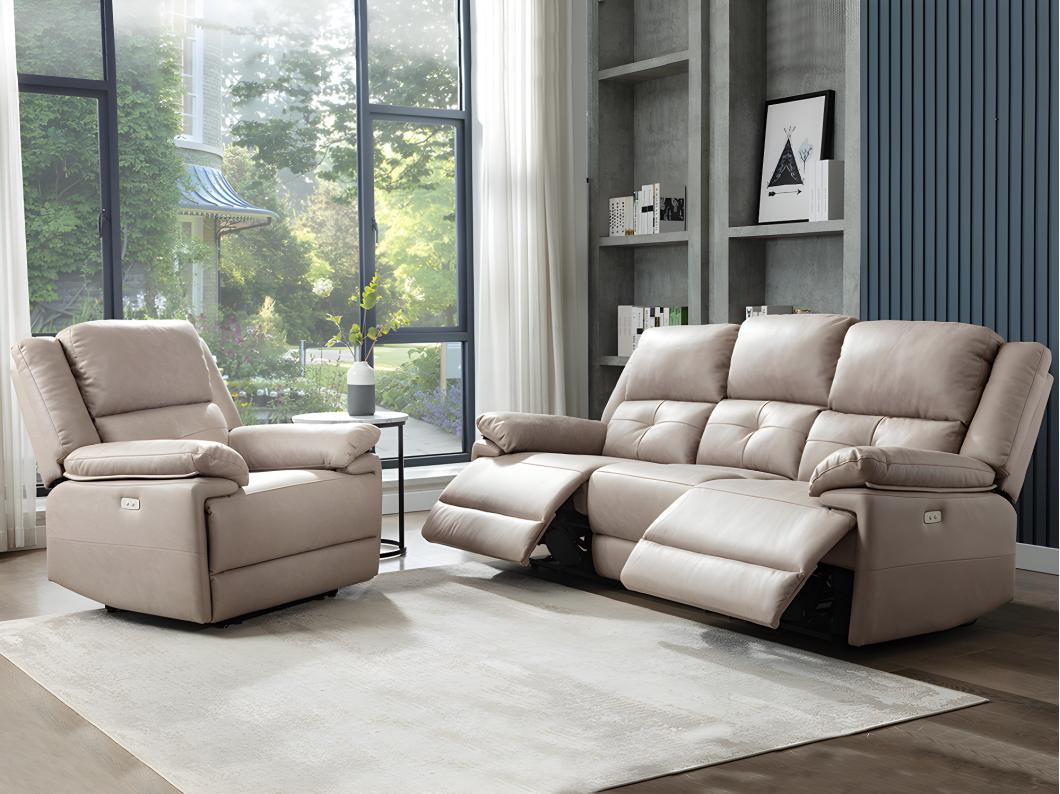 Elektrische driezits relaxbank en fauteuil van stof - Taupe - DOLENE