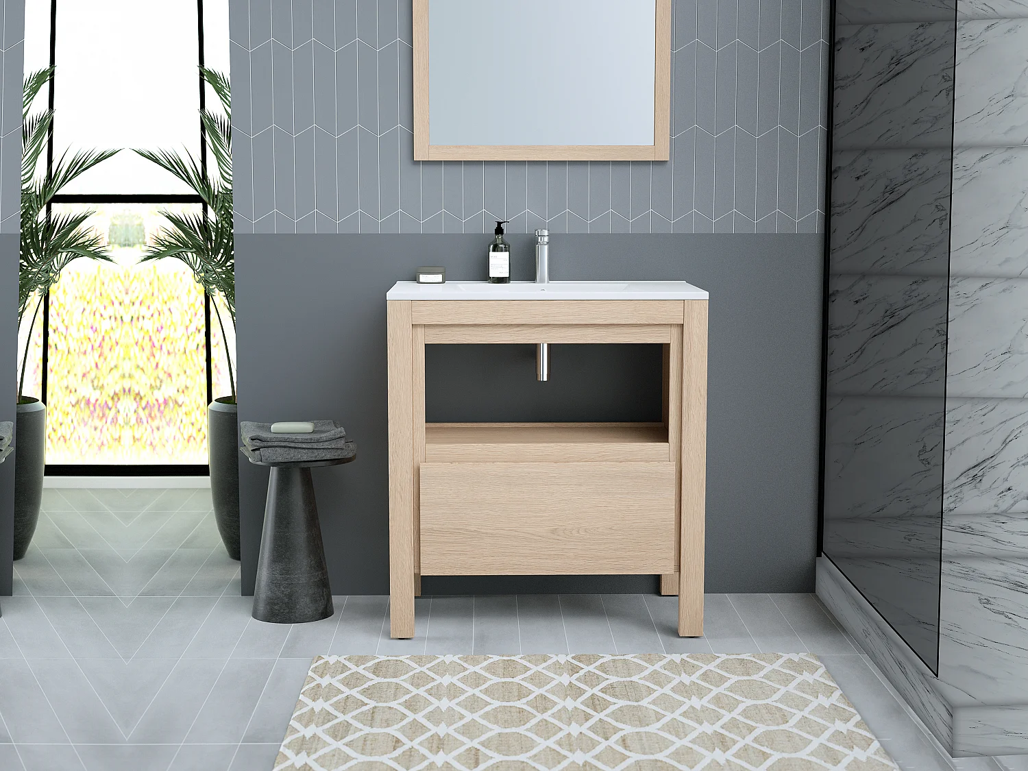 Móvel para colocar sob o lavatório com nicho de arrumação, folha de carvalho, 80 cm - COSMOTI