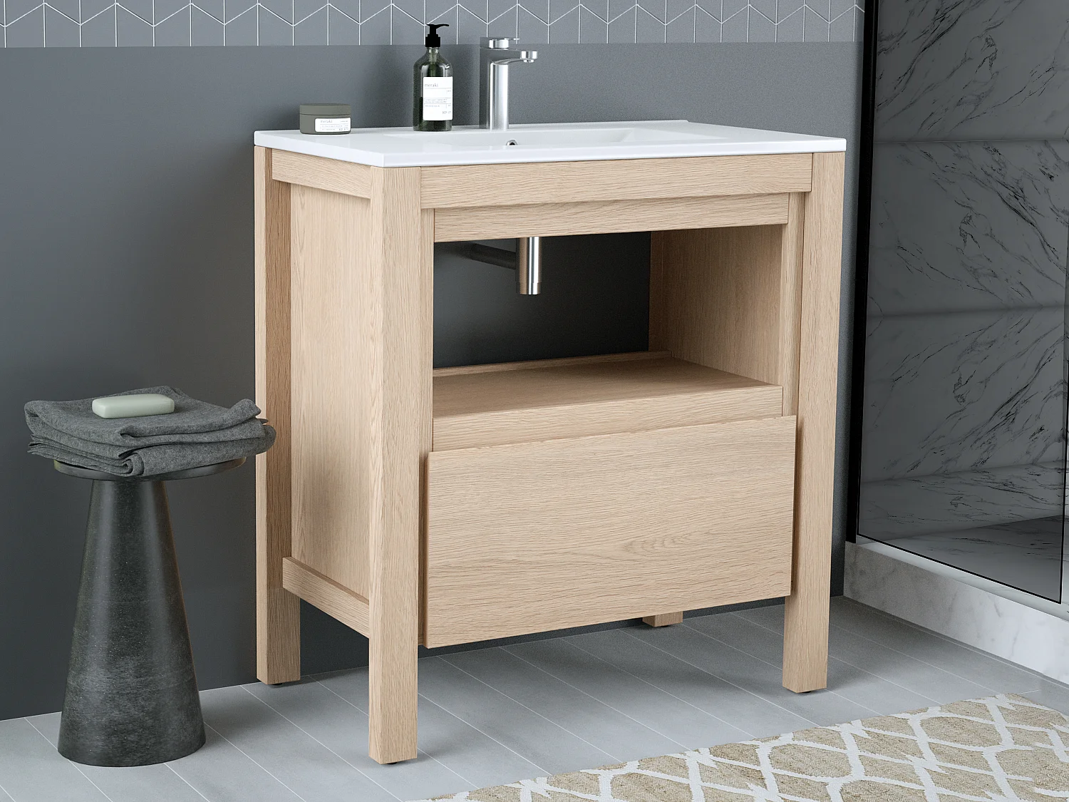 Móvel para colocar sob o lavatório com nicho de arrumação, folha de carvalho, 80 cm - COSMOTI