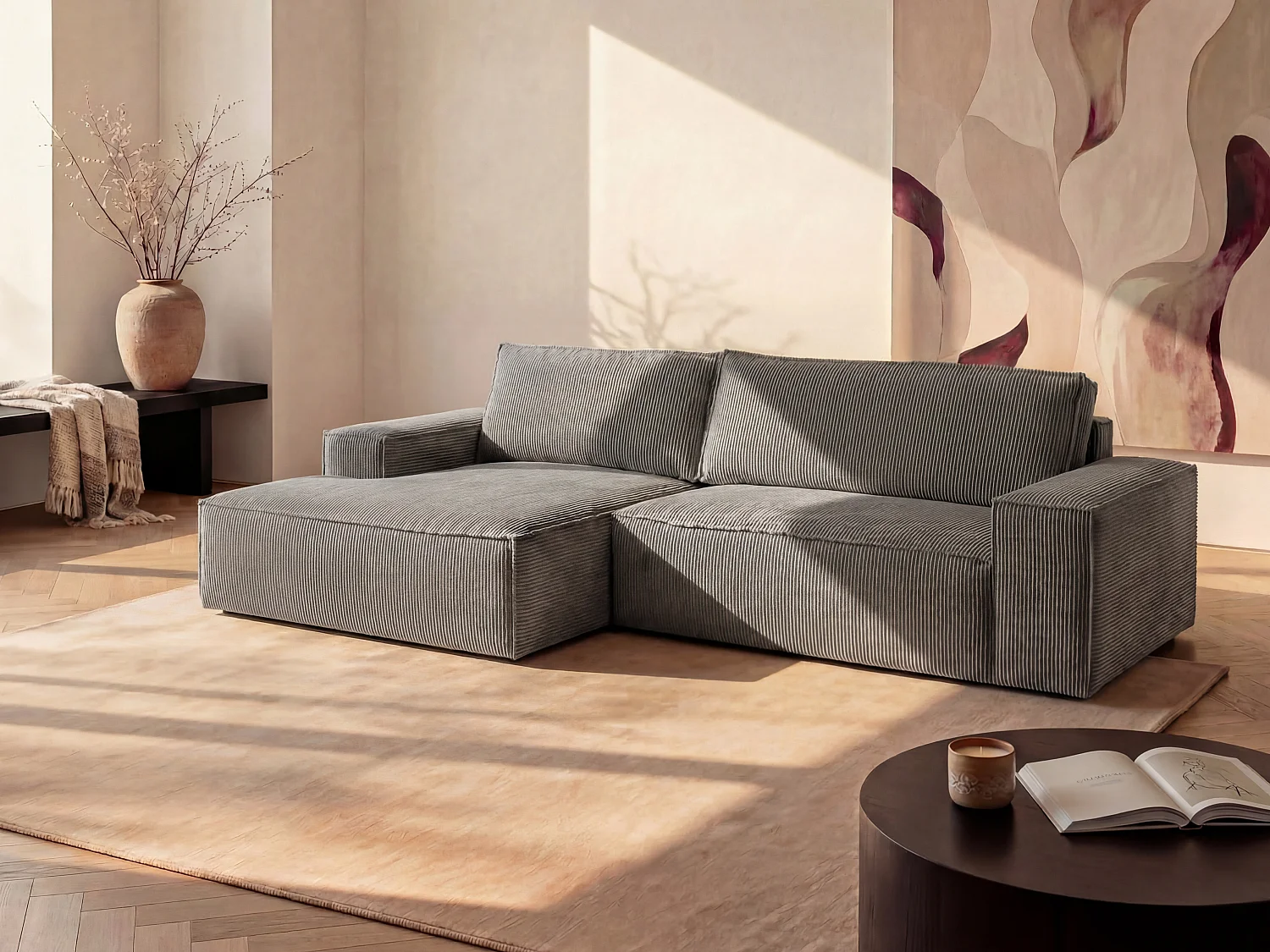 Canapé d'angle gauche convertible en velours côtelé gris clair AMELIA