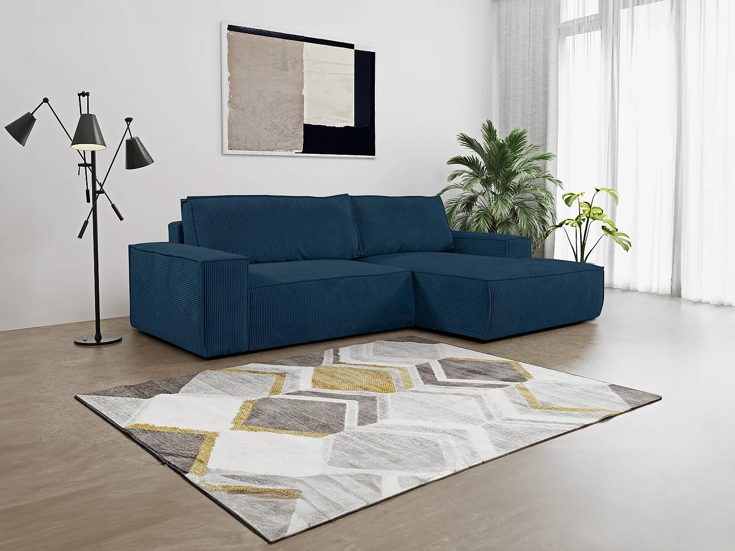 Ecksofa mit Schlaffunktion - Ecke Rechts - Cord - Blau - AMELIA