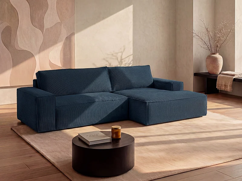 Canapé d'angle droit convertible en velours côtelé bleu AMELIA