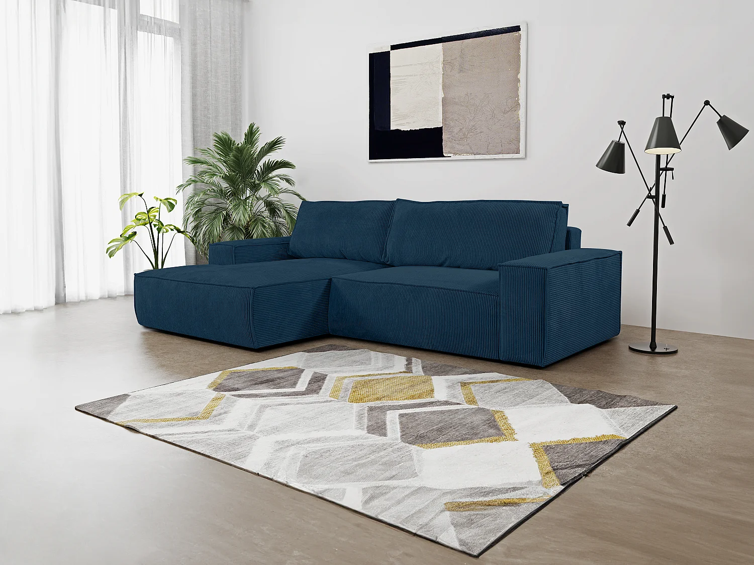 Ecksofa mit Schlaffunktion - Ecke Links - Cord - Blau - AMELIA