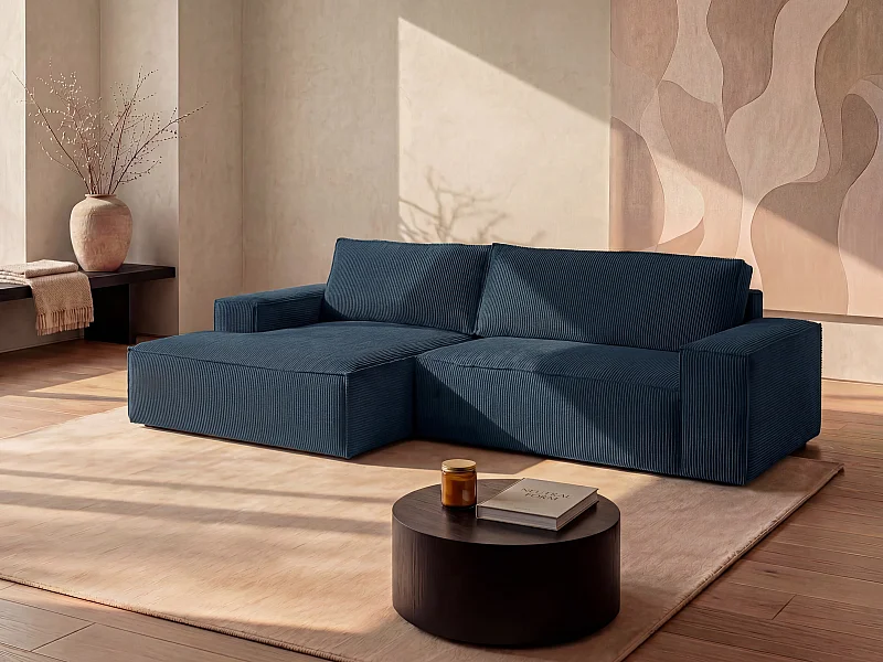 Canapé d'angle gauche convertible en velours côtelé bleu AMELIA