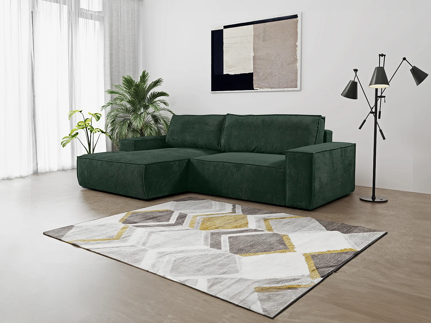 Ecksofa mit Schlaffunktion - Ecke Links - Cord - Tannengrün - AMELIA