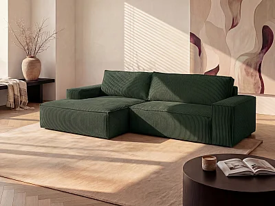 Ecksofa mit Schlaffunktion - Ecke Links - Cord - Tannengrün - AMELIA
