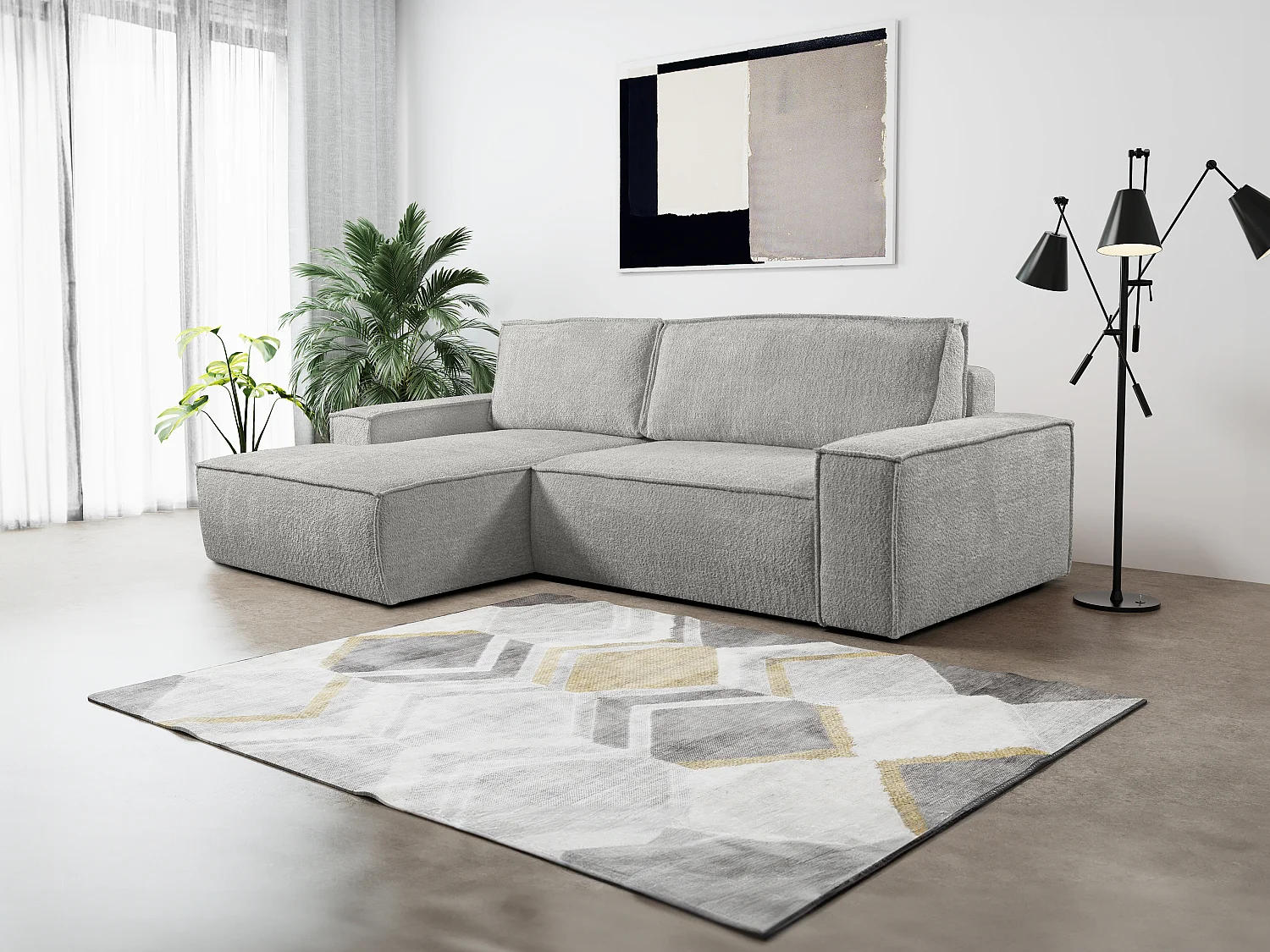 Ecksofa mit Schlaffunktion - Bouclé-Stoff - Grau - Ecke Links - AMELIA