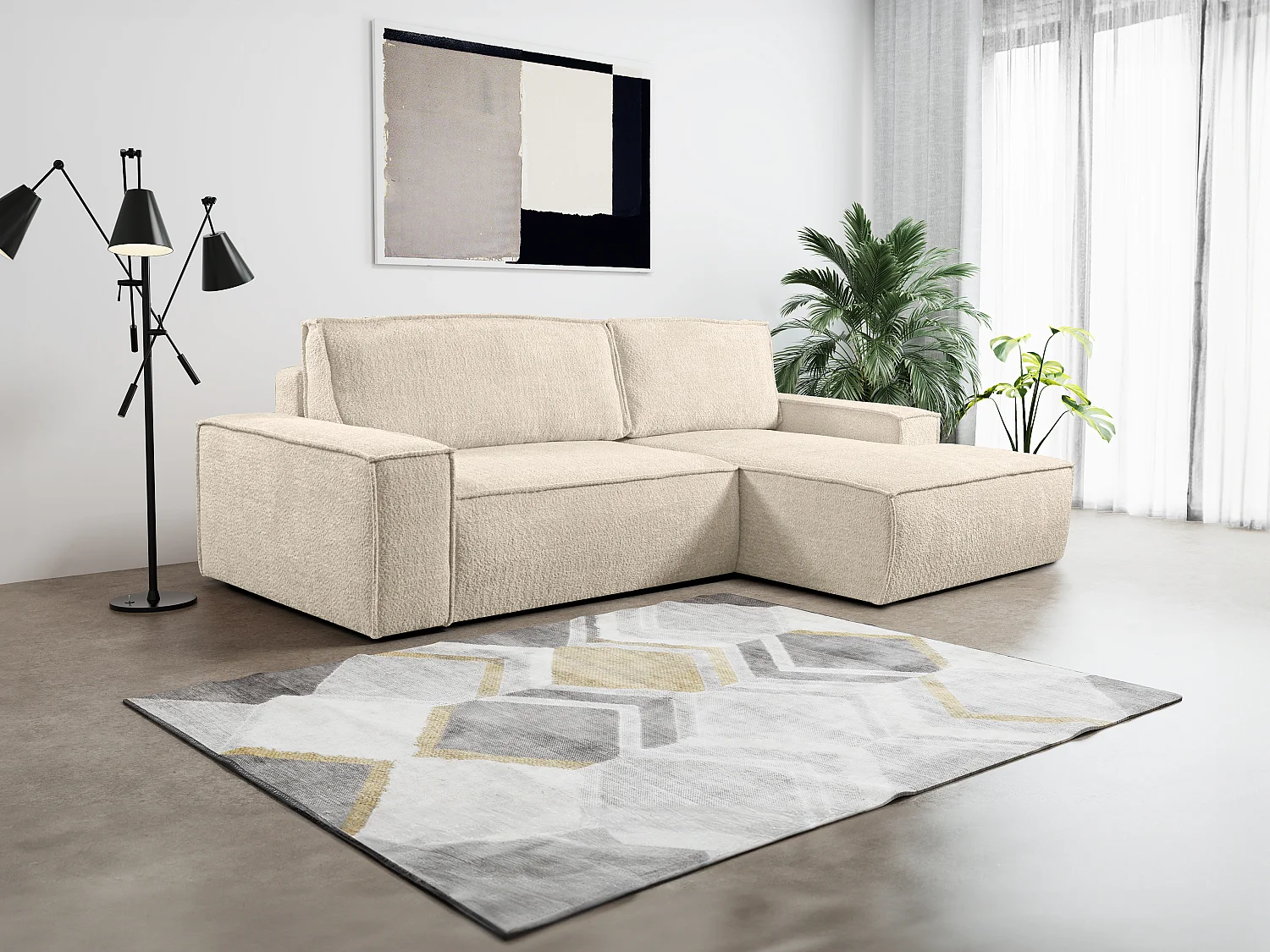 Ecksofa mit Schlaffunktion - Bouclé-Stoff - Beige - Ecke Rechts - AMELIA