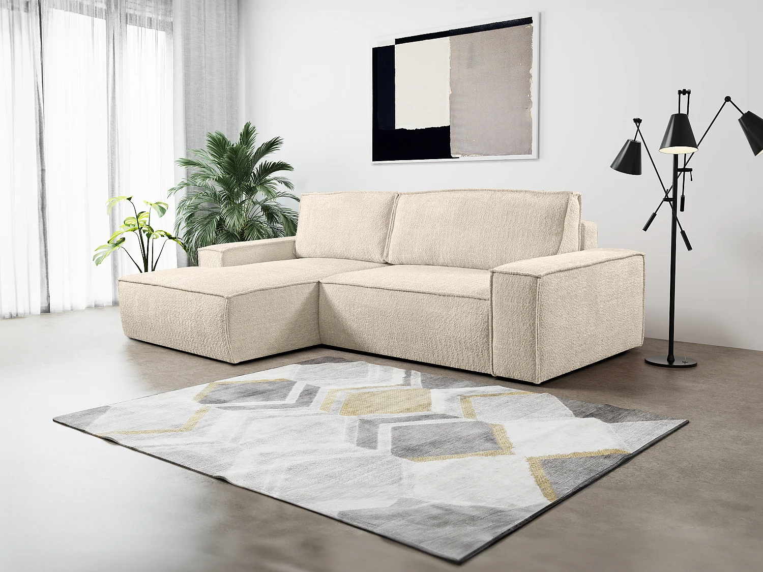 Canapé d'angle convertible en tissu bouclette beige AMELIA - Angle Gauche