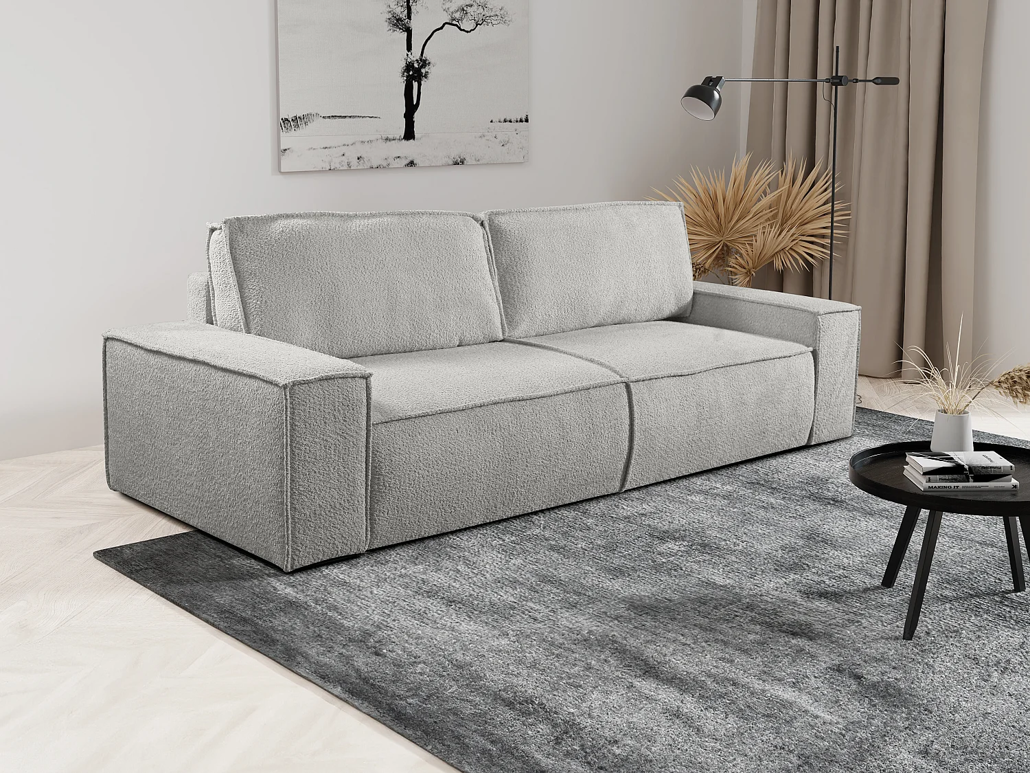 Canapé 4 places convertible en tissu bouclette gris AMELIA