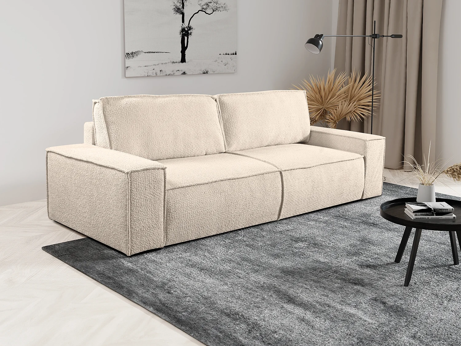Canapé 4 places convertible en tissu bouclette beige AMELIA