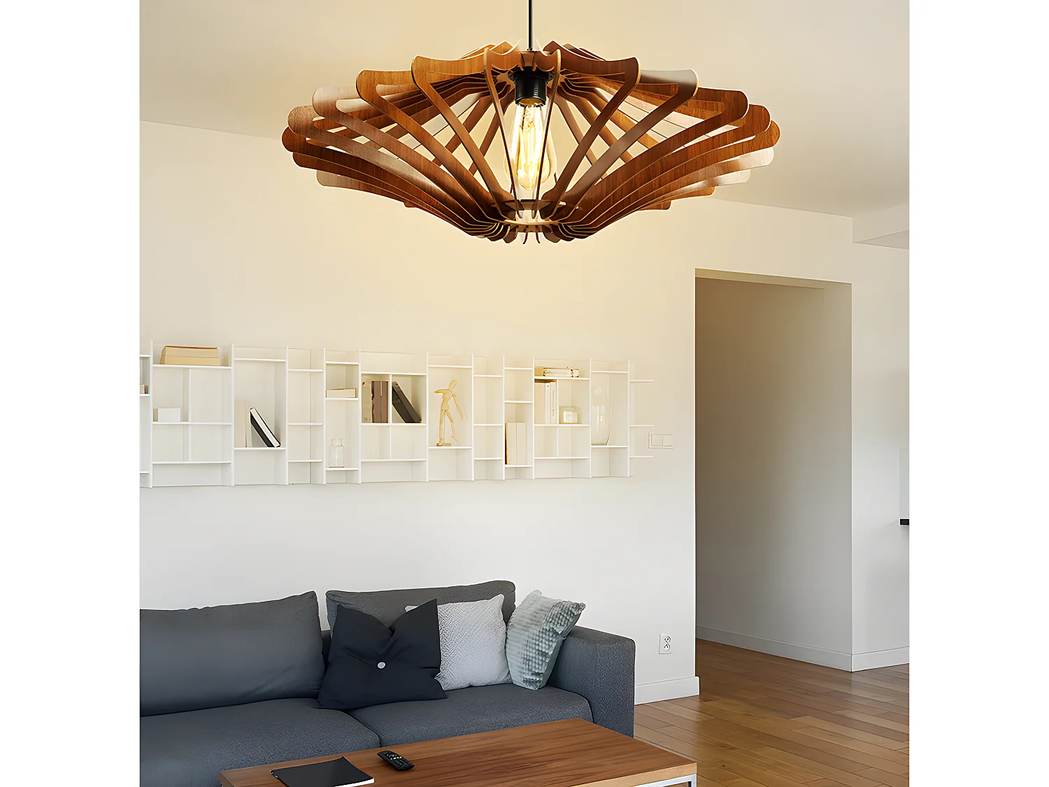 Suspension ajourée en MDF - D. 59 x H. 55 cm - Coloris noyer - FARITA