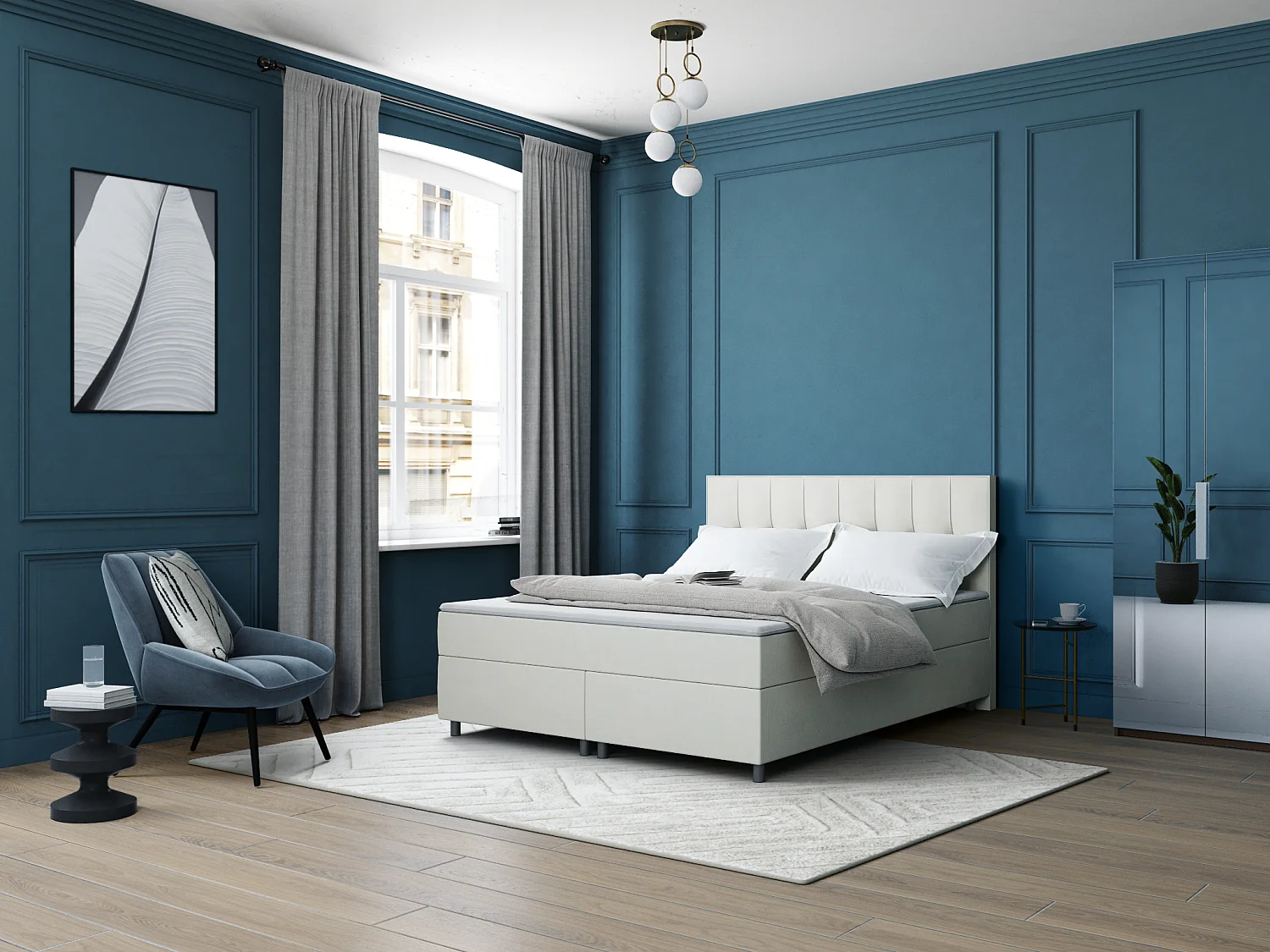 Lustre en métal 4 globes - D. 30 x H. 70 cm - Blanc et cuivre - ASROUN