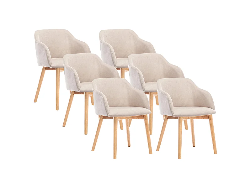 Lot de 6 chaises avec accoudoirs en tissu et bois d'hévéa - Beige - JELISA