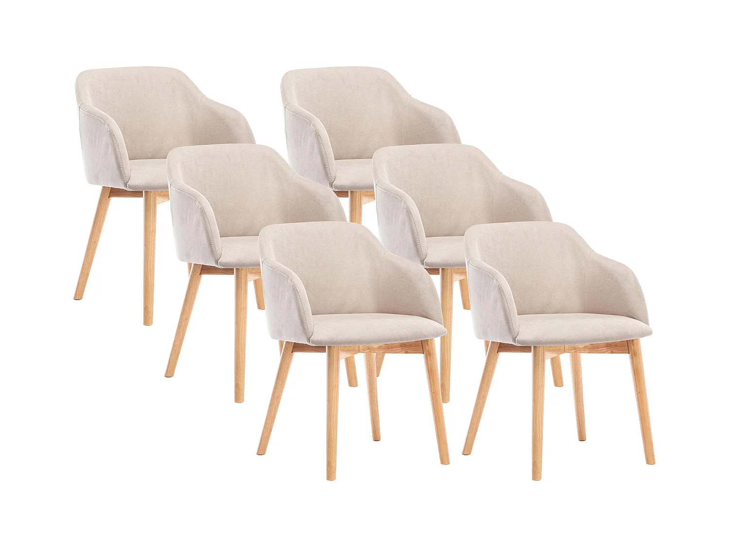 Lot de 6 chaises avec accoudoirs en tissu et bois d'hévéa - Beige - JELISA