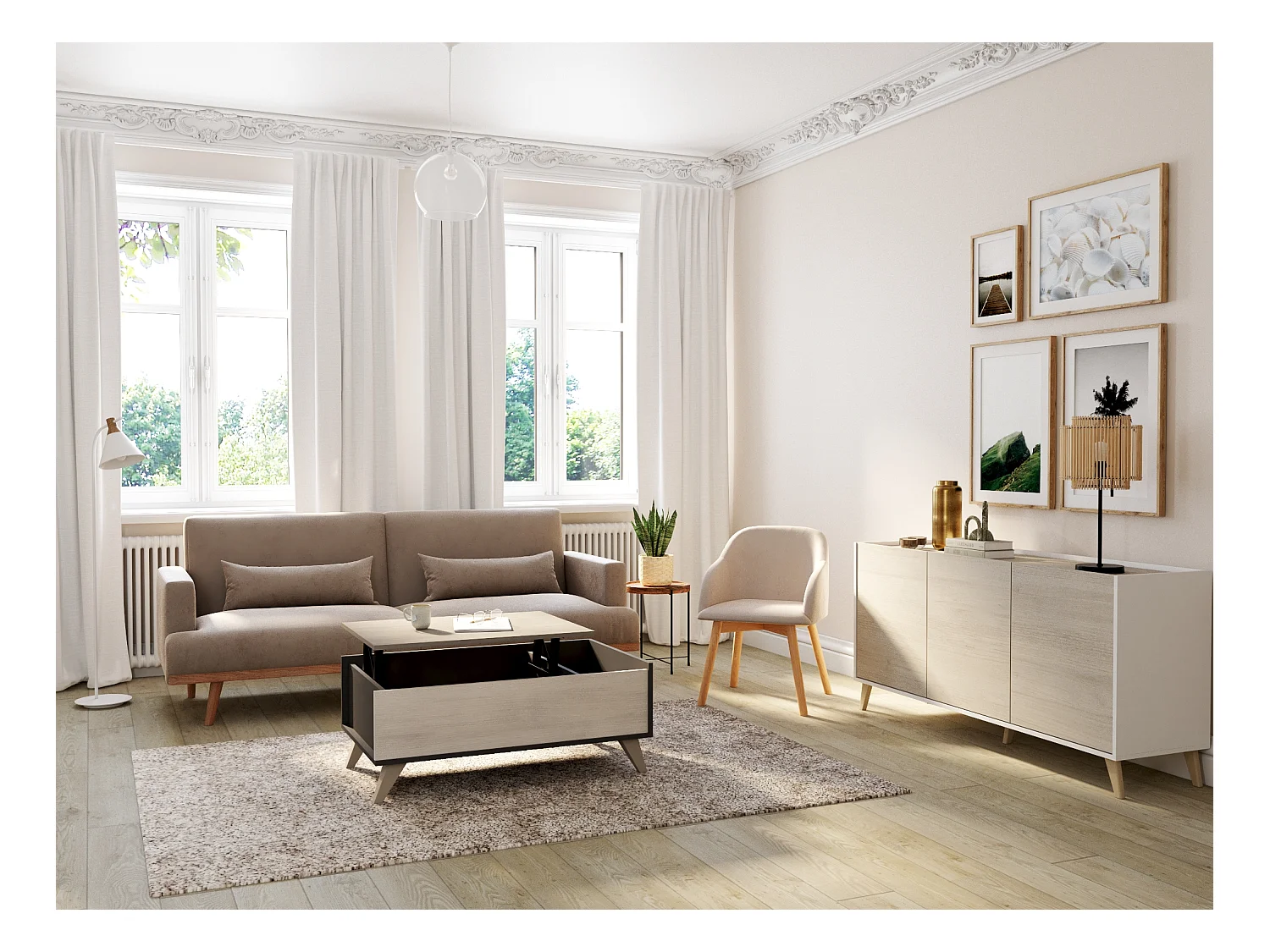 Lot de 6 chaises avec accoudoirs en tissu et bois d'hévéa - Beige - JELISA