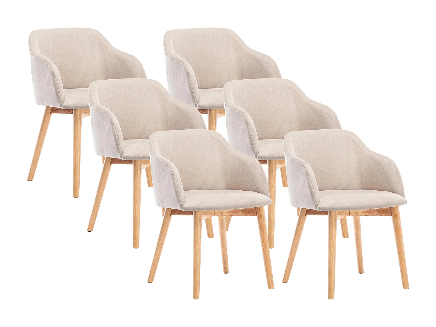 Lot de 6 chaises avec accoudoirs en tissu et bois d'hévéa - Beige - JELISA