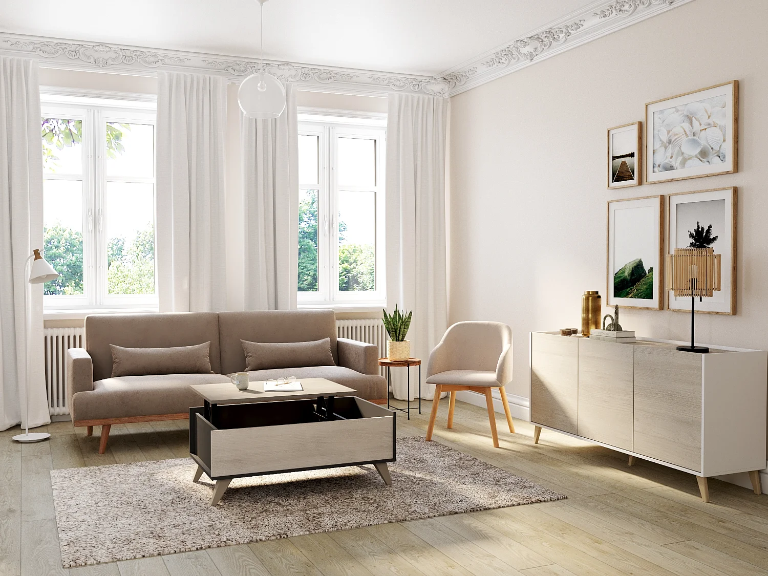 Lot de 6 chaises avec accoudoirs en tissu et bois d'hévéa - Beige - JELISA