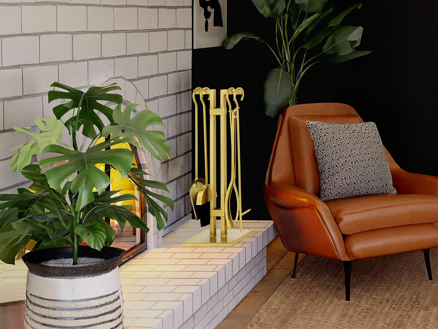 4 utensilios para chimenea con soporte de latón dorado - Ancho 25 x Prof. 15 x Alt. 60 cm - ASSIOUT