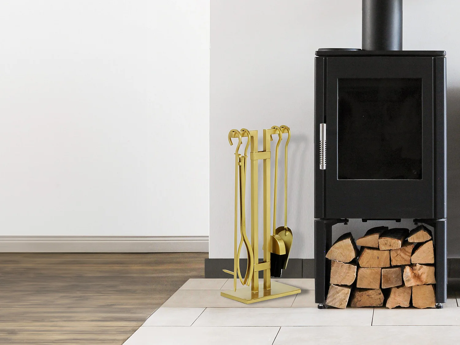 Serviteur de cheminée 4 outils en laiton doré - L. 25 x P. 15 x H. 60 cm  - ASSIOUT