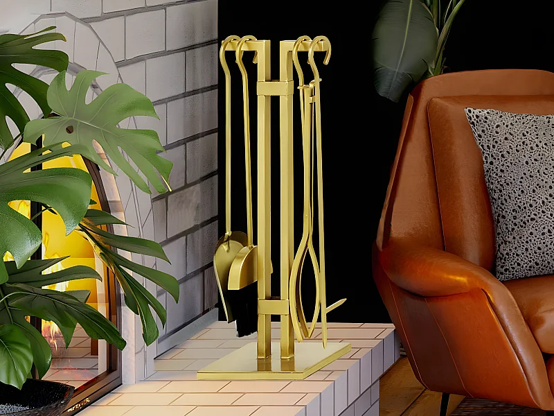 Serviteur de cheminée 4 outils en laiton doré - L. 25 x P. 15 x H. 60 cm  - ASSIOUT