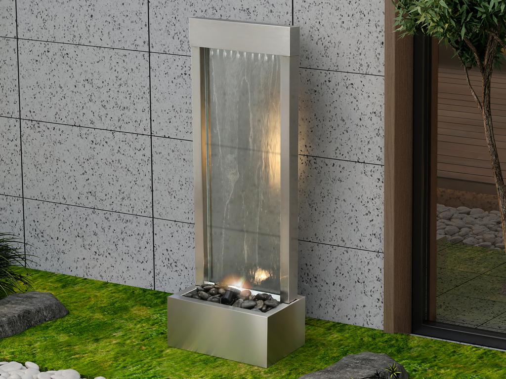 Außenbrunnen aus Edelstahl & Glas mit LED-Beleuchtung - H 108 cm - Silberfa günstig online kaufen