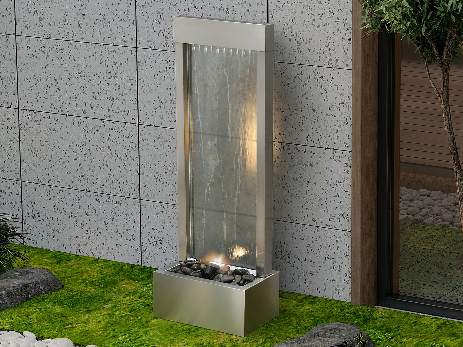 Außenbrunnen aus Edelstahl & Glas mit LED-Beleuchtung - H 108 cm - Silberfarben - PANGA