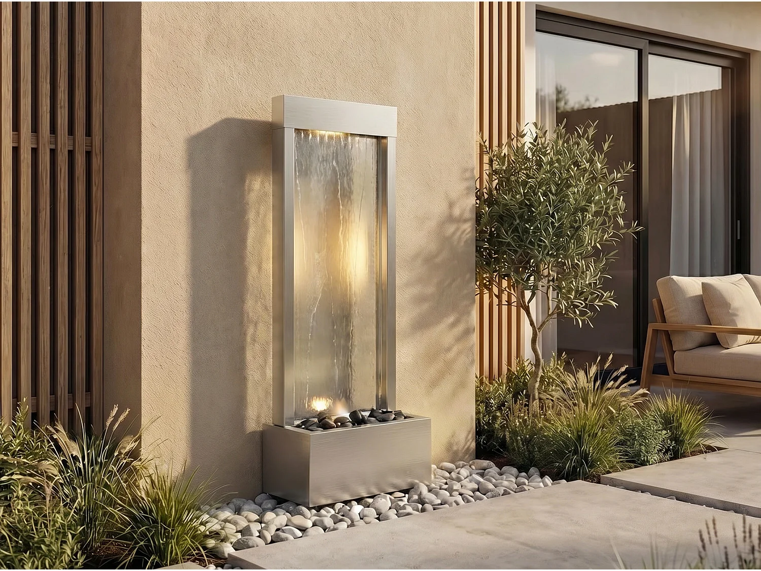 Fontaine d'extérieur en acier inoxydable et verre avec LED - H.108 cm - Argenté - PANGA