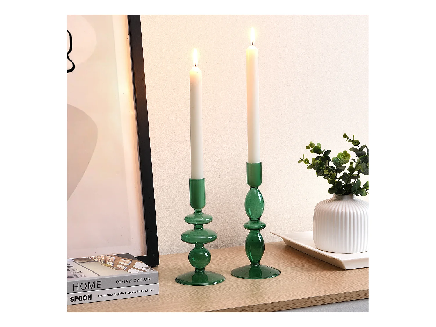 Lot de 2 bougeoirs - D.9 x H.21 cm et D.9 x H.18, 5 cm - Verre - Vert - KANDIE